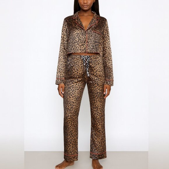 Good American Satin Pajama Set Women’s Small Leopard Print Lounge Two Piece Chic - Picture 1 of 12